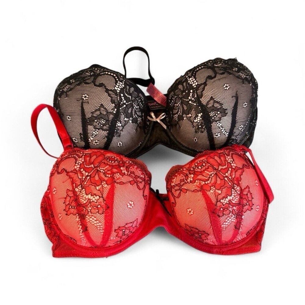 Betsey Johnson Intimates Women Push-Up Bras Size 32D Red Black Lace Bow Designer
